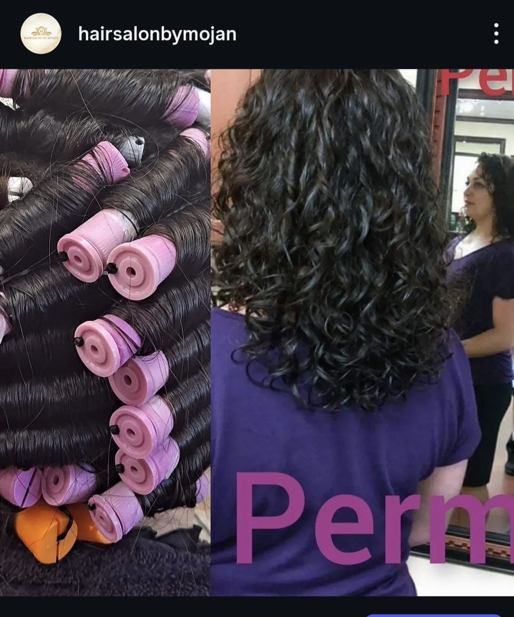 Hair salon perm before-and-after: rods in curls on left, finished curly hair on right, purple text “Perm”