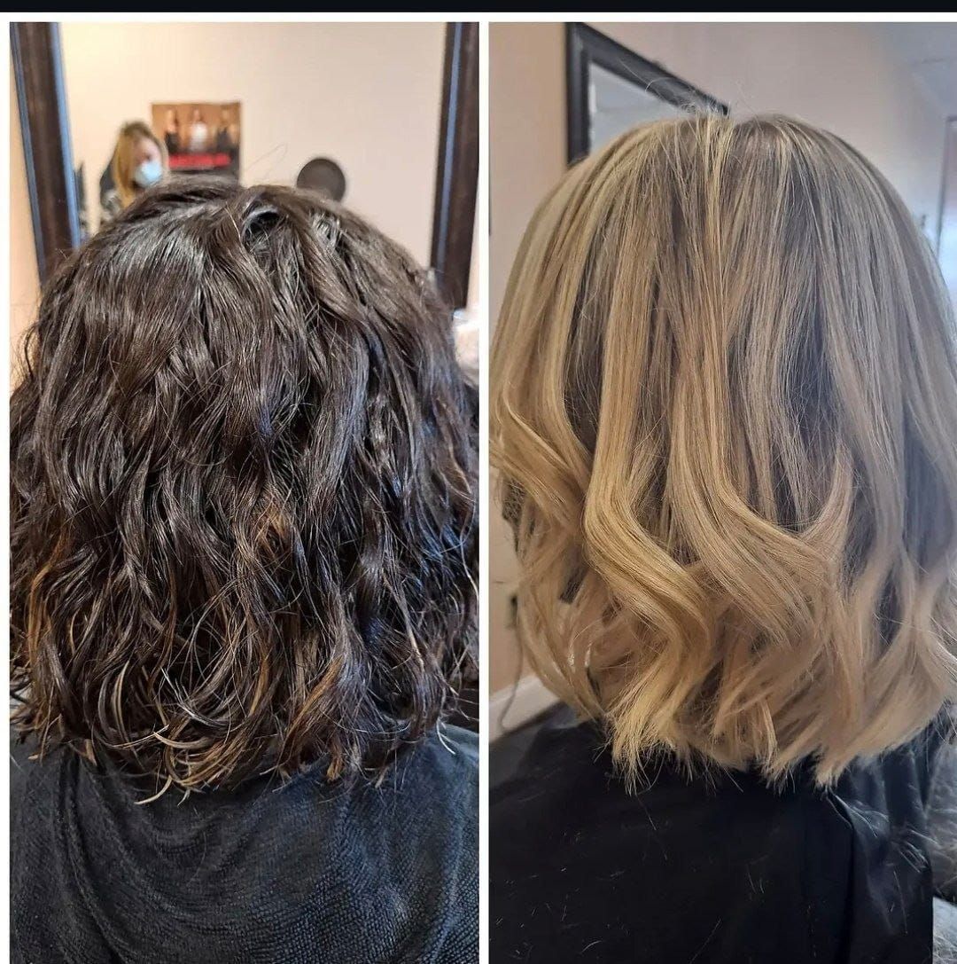 Before-and-after hair transformation: dark shoulder-length curls to blonde wavy bob.