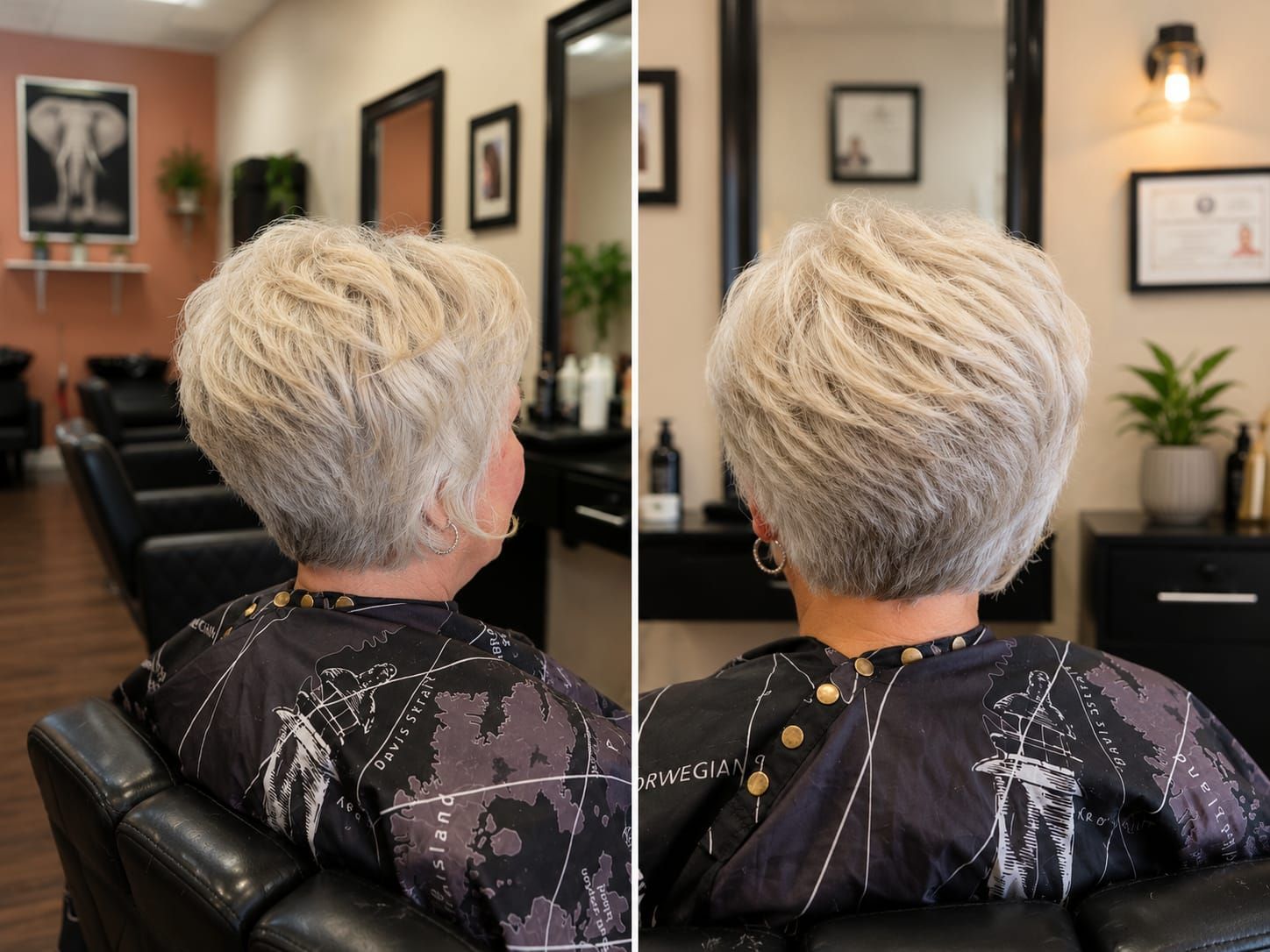 Short platinum-blond haircut shown from back in a salon chair, before and after style comparison