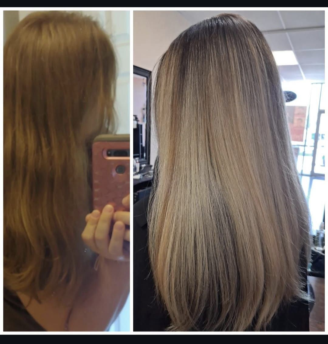 Before-and-after split photo of long brown hair transformed into a lighter blonde style.