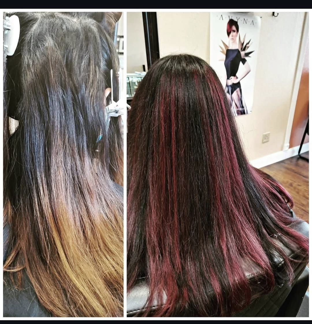 Before-and-after hair transformation: dark hair with blond ends to burgundy highlights and smoother, styled finish.