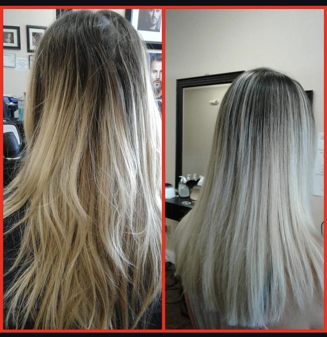 Side-by-side view of long hair before and after coloring, from dark roots to silver blonde.