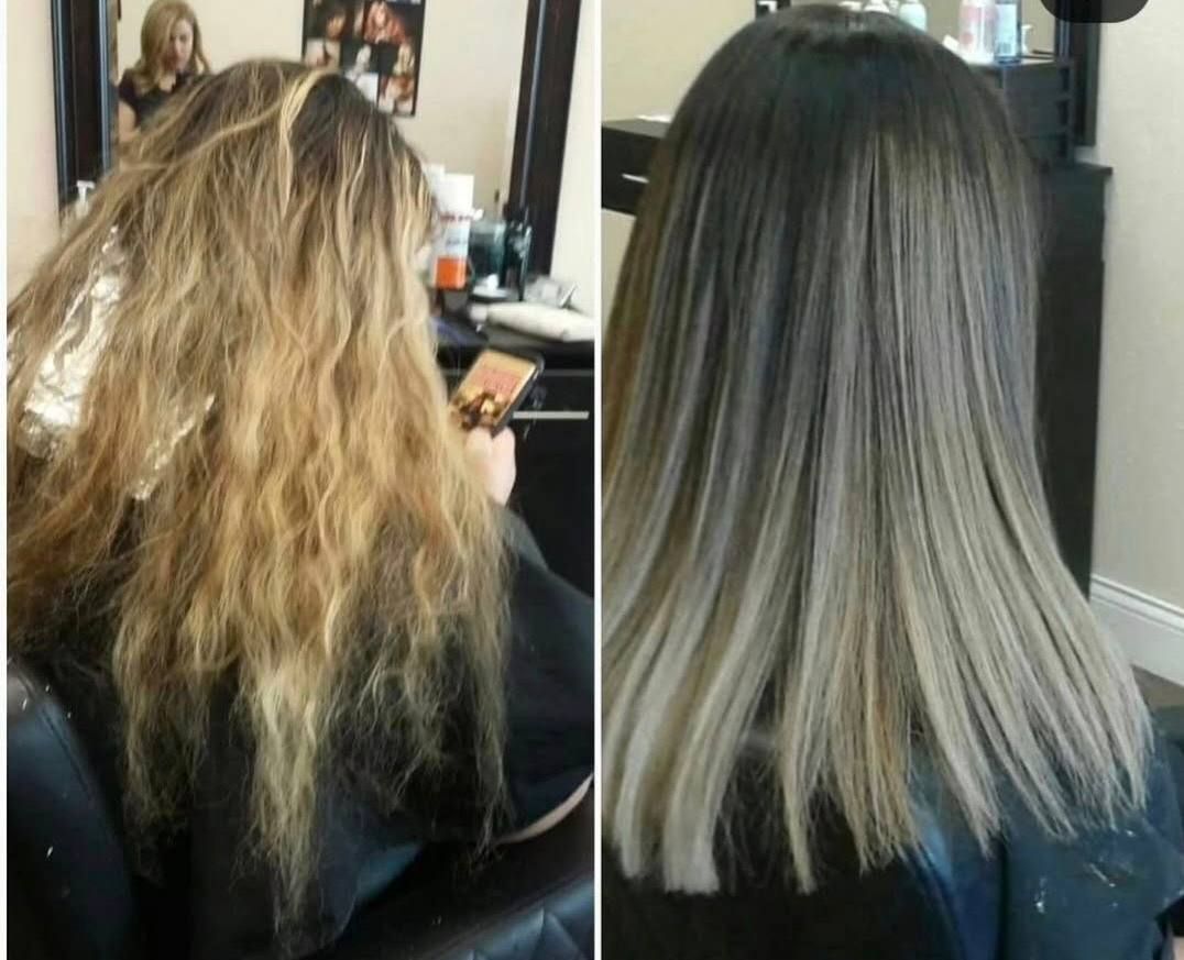 Before and after hair transformation: frizzy blonde hair changed to smooth, straight, silver-blonde ends.
