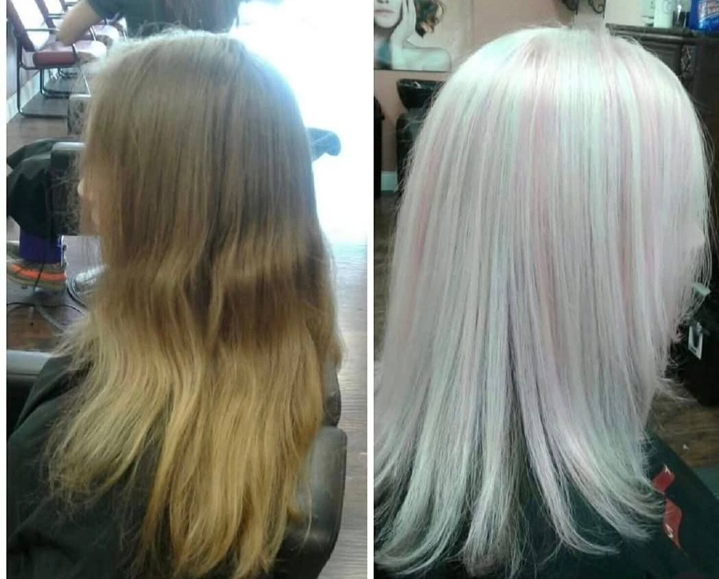 Before-and-after hair color transformation: long blonde hair changed to platinum white with pastel pink streaks