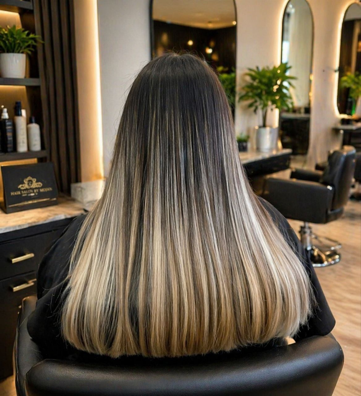 Long straight ombré hair in a salon chair, with dark roots fading to blonde ends
