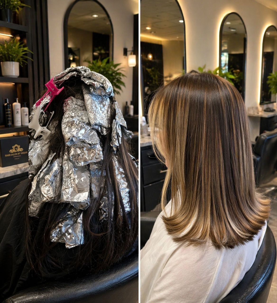 Hair salon before-and-after: foil highlights on the left, smooth layered cut on the right