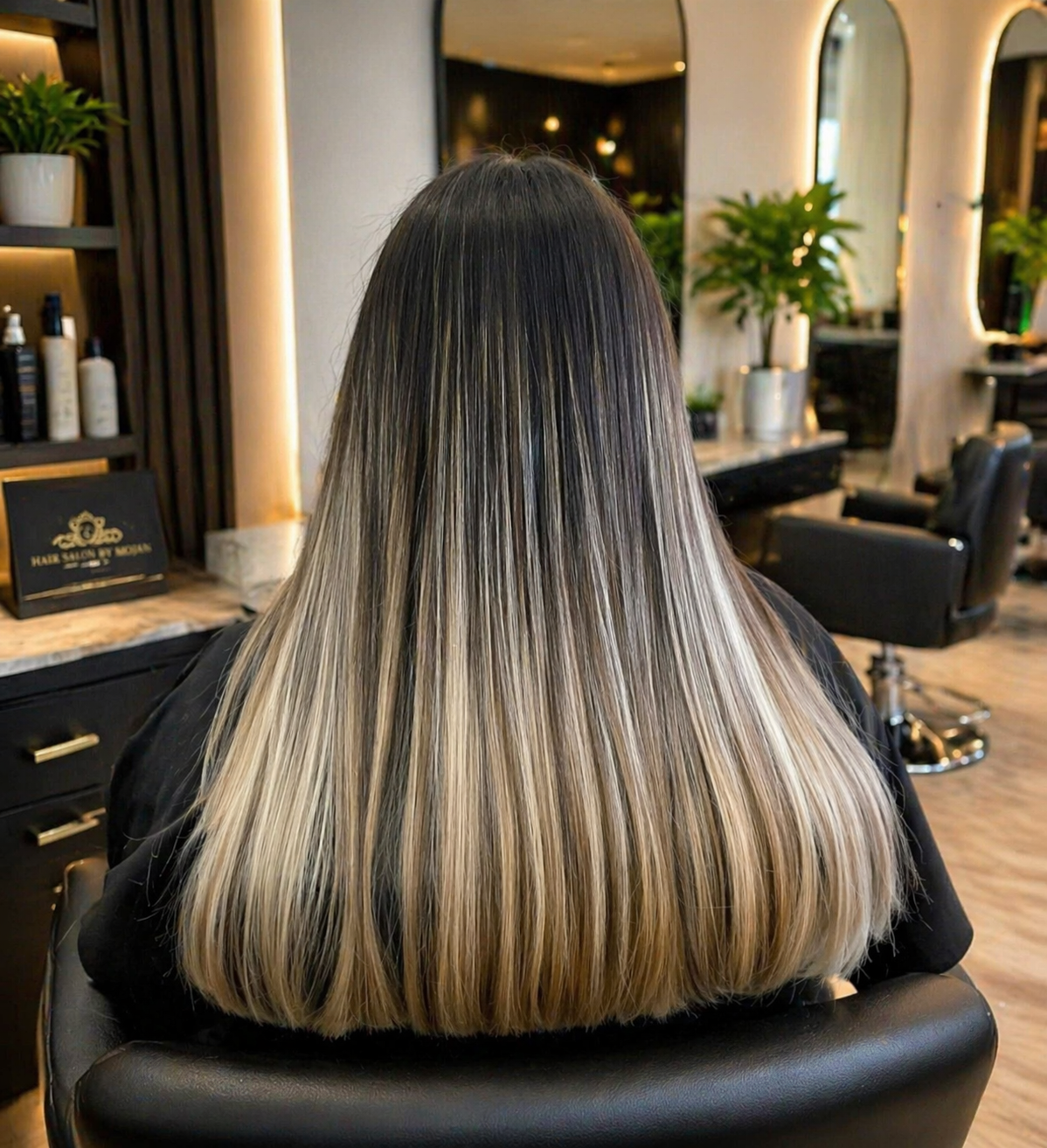 Long straight ombré hair in a salon chair, viewed from behind.