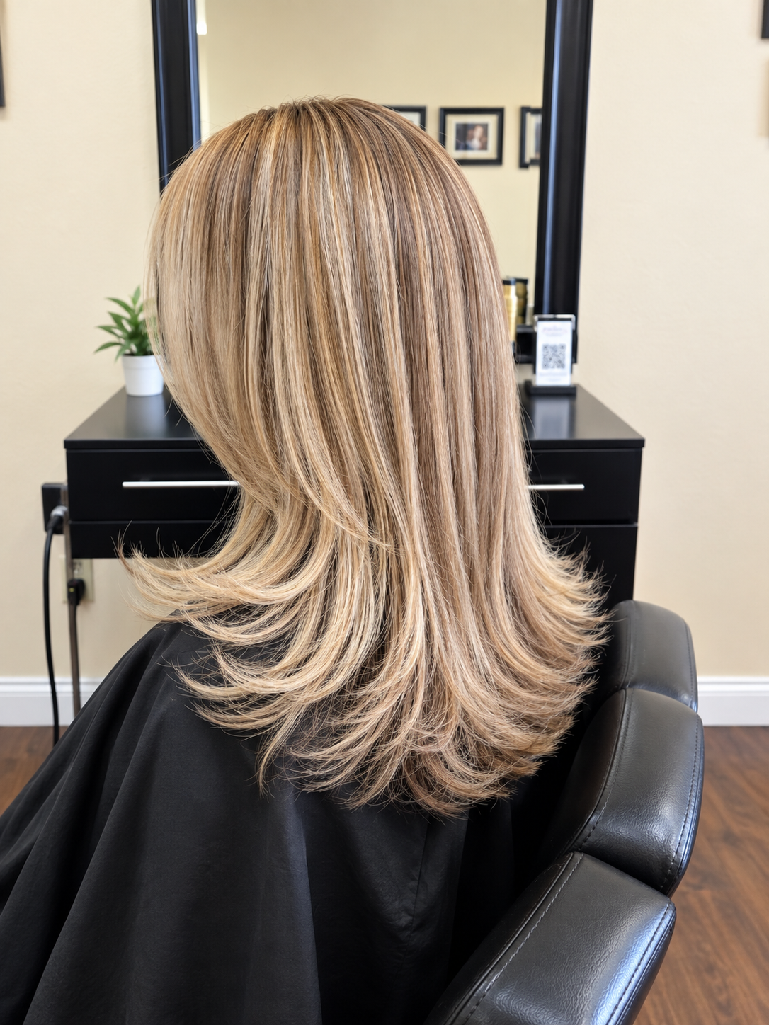 Blonde layered haircut from the back in a salon chair, with a black cape and a styling station ahead