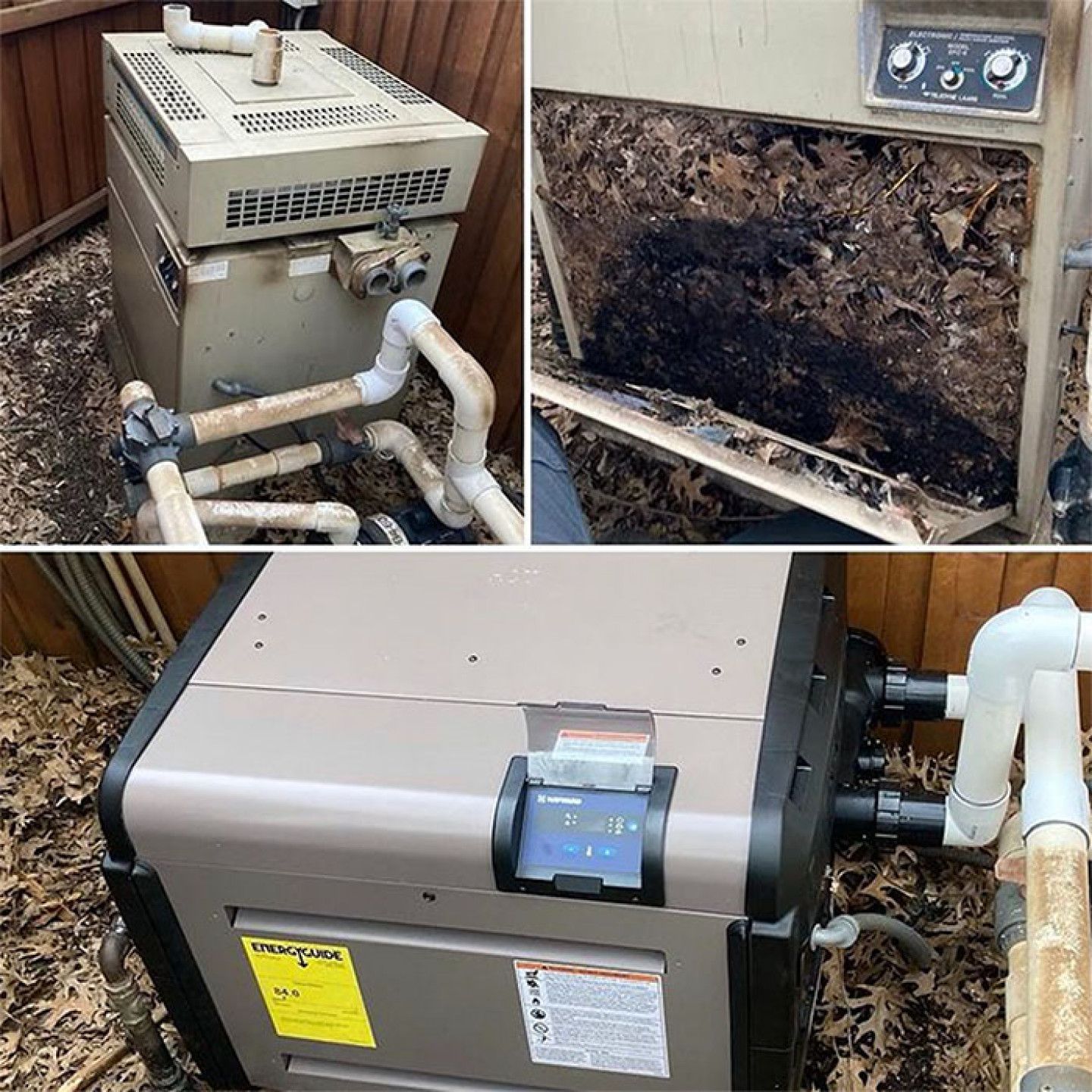 Pool heater unit with heavy rust, corrosion, and dirt on exterior panels and pipes