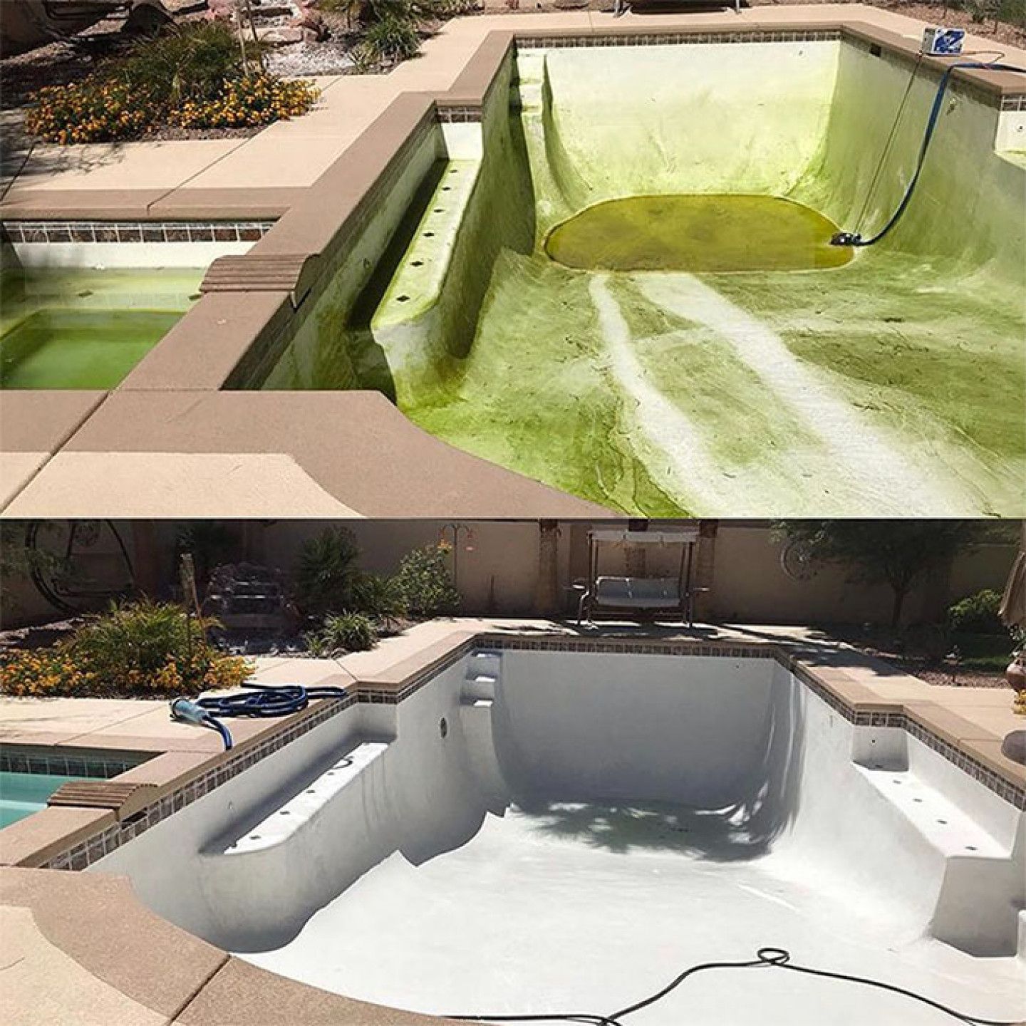 Before and after of an empty backyard pool resurfacing: green stained basin above, clean white finish below.