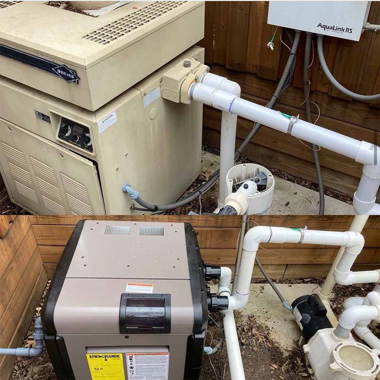 Outdoor HVAC units with white PVC pipes and an inspection meter near a building wall