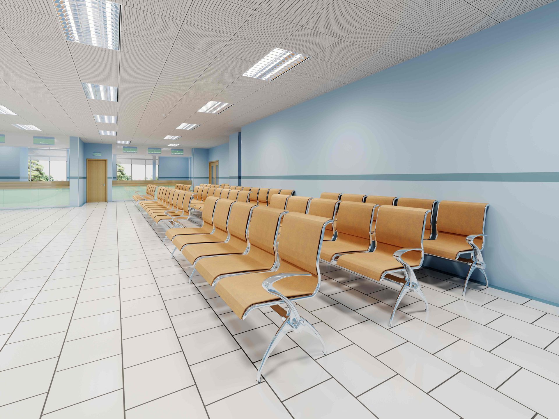 there are a lot of chairs in the waiting room of a hospital