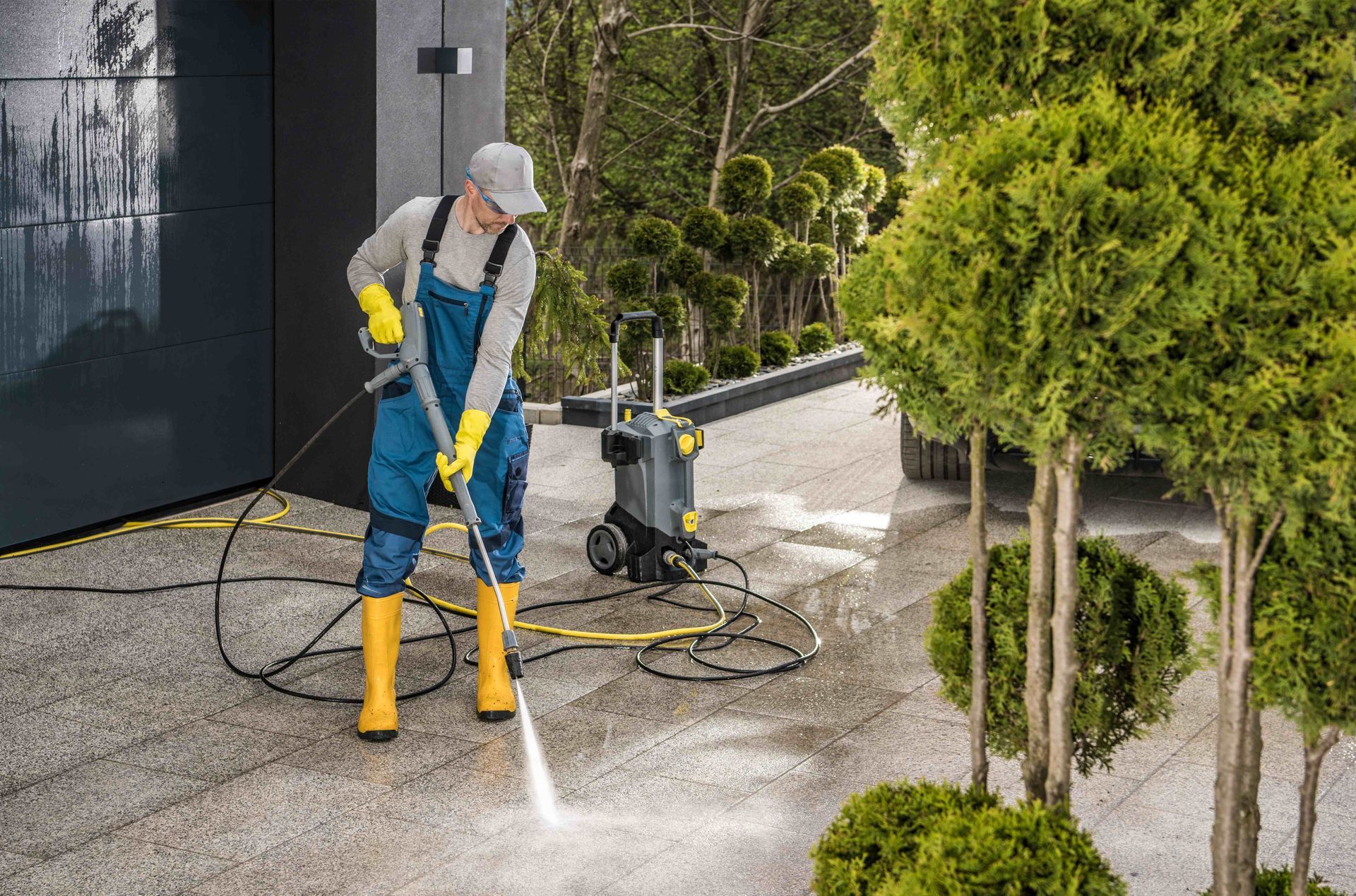 a man is using a high pressure washer to clean a driveway