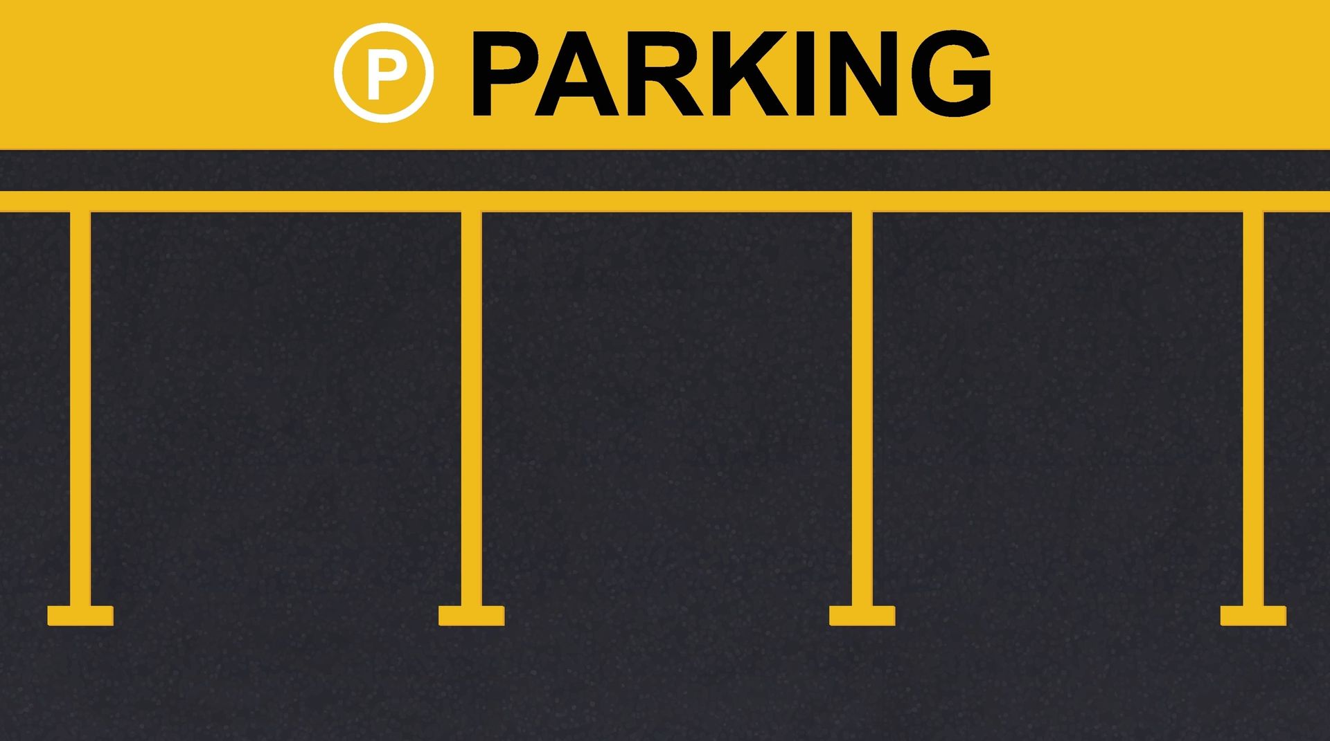 a parking lot with yellow lines and a yellow sign that says parking