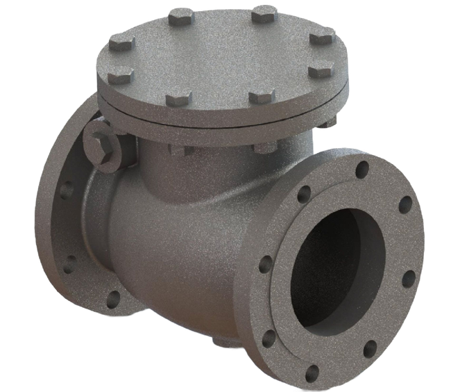Gray industrial metal valve with bolted flanges and round inspection cap