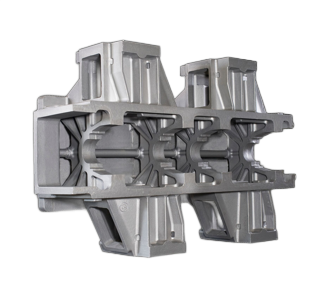 Gray metal mechanical assembly with symmetrical brackets and central cylindrical components on a white background