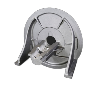 Metal piece with a circular gray frame and central hub on a white background