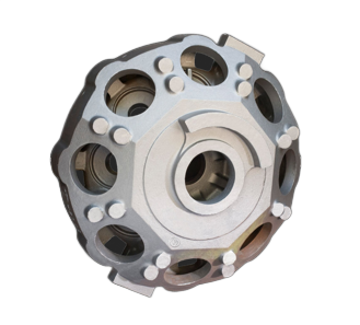 Silver mechanical rotor with circular cutouts on a white background