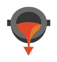 Gray bowl with orange liquid pouring downward into a red arrow shape