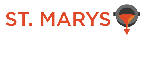 St. Marys text logo in red with a gray and orange map pin icon