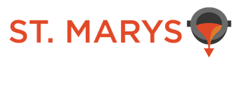 St. Marys text logo in red with a gray and orange map pin icon
