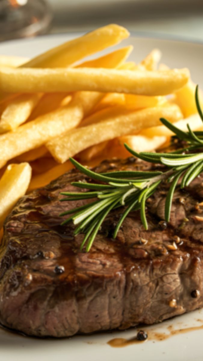Gegrilltes Steak mit Rosmarin, serviert mit Pommes frites auf einem Teller