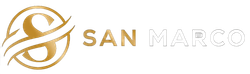 Goldenes San Marco-Logo mit stilisiertem kreisförmigem Emblem und Text auf weißem Hintergrund