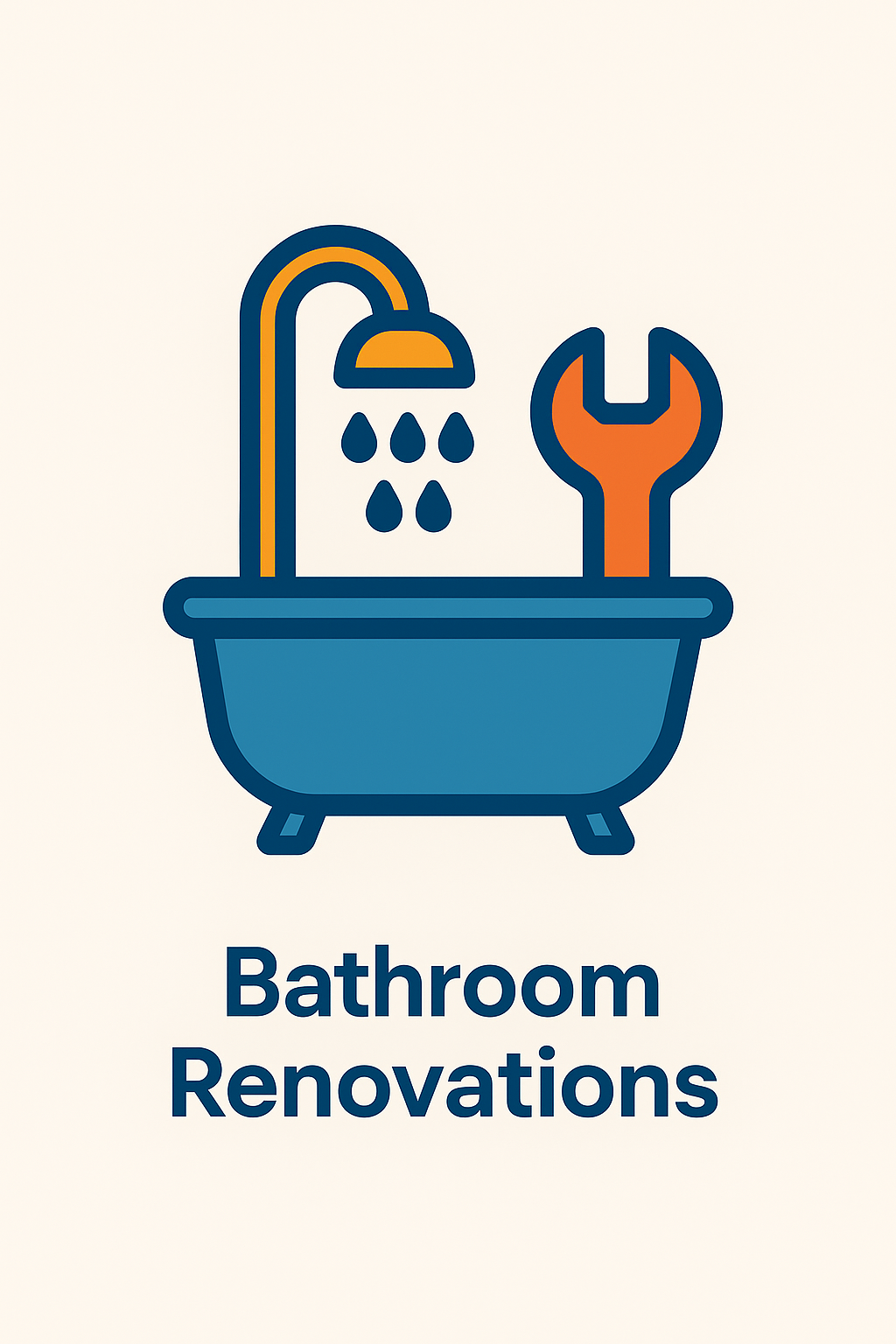 Blue bathtub with shower, wrench, and text 