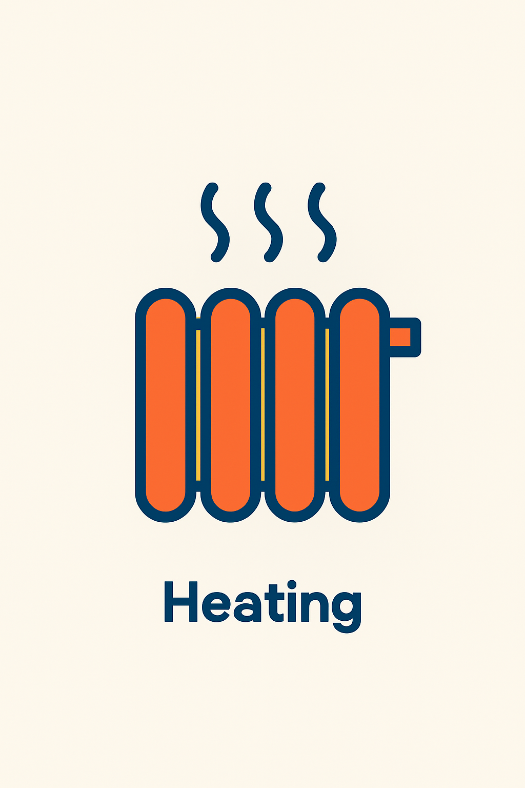 Icon of a radiator, orange with blue outline, emitting heat represented by wavy lines. 