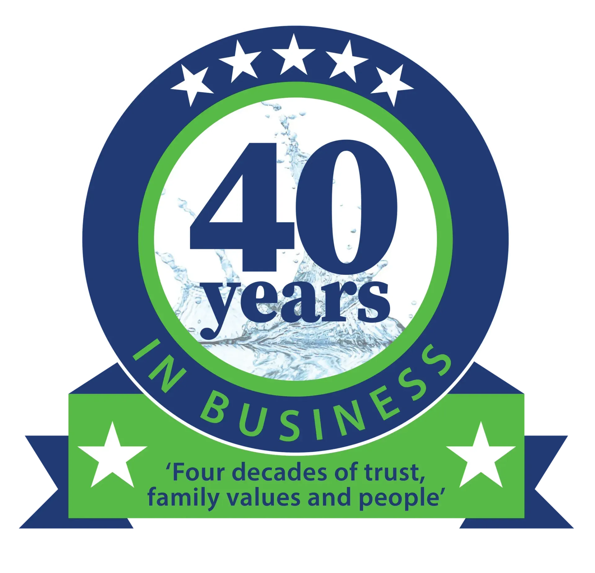 Logo celebrating 40 years in business; blue and green with stars; text: 