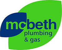 Logo for McBeth Plumbing & Gas: Green leaf shape with blue accent, text 