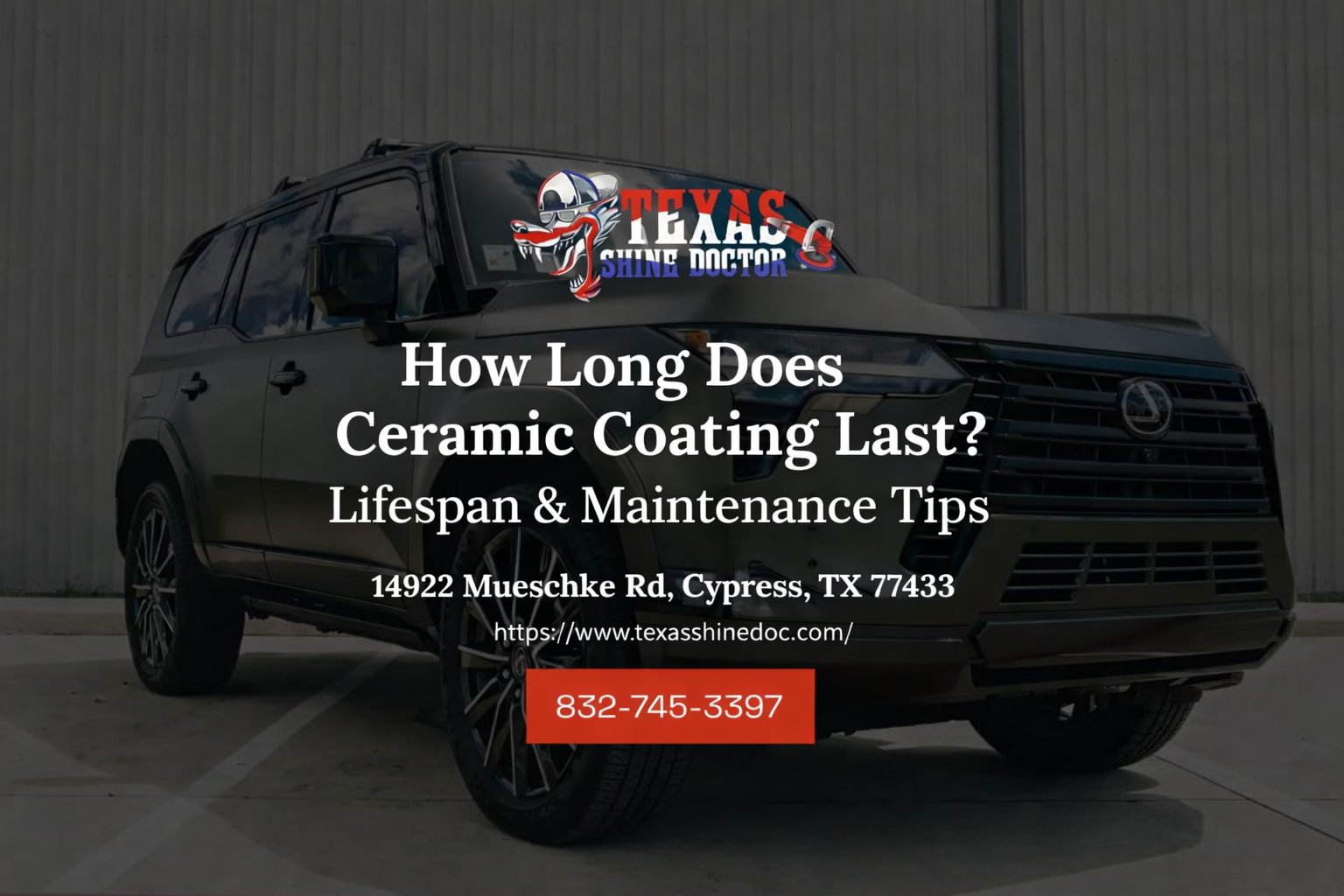 Dark SUV with text: “How Long Does Ceramic Coating Last? Lifespan & Maintenance Tips” and contact info tofto ടെ