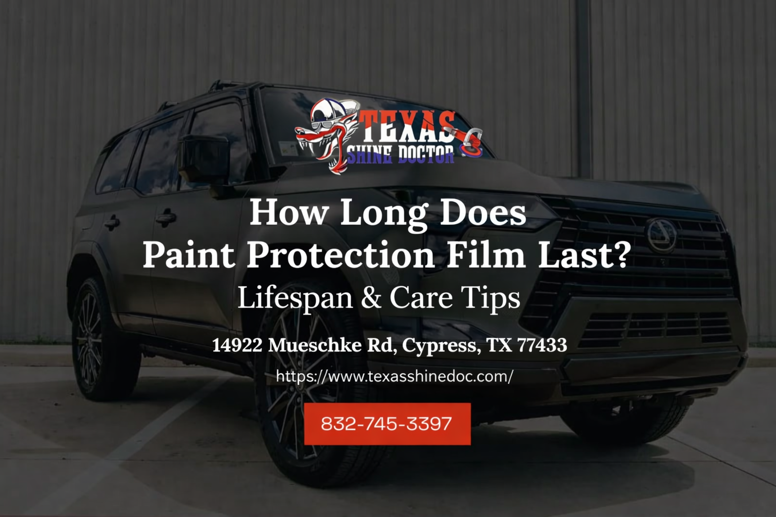 Texas Dads Dent logo over black truck with paint protection film and ceramic coating ad, Houston area contact info
