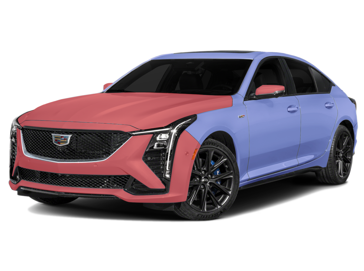 Two-tone pink and blue Cadillac sedan on a white background
