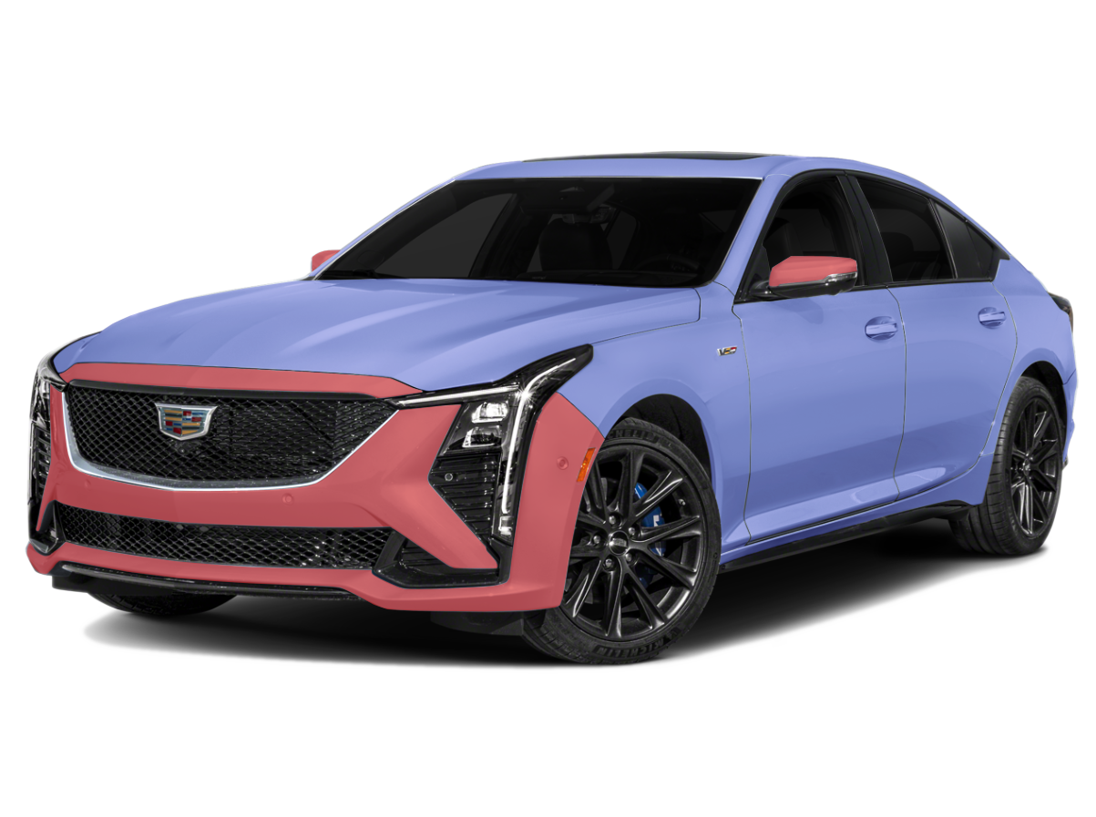 Blue sedan with pink accents on a white background