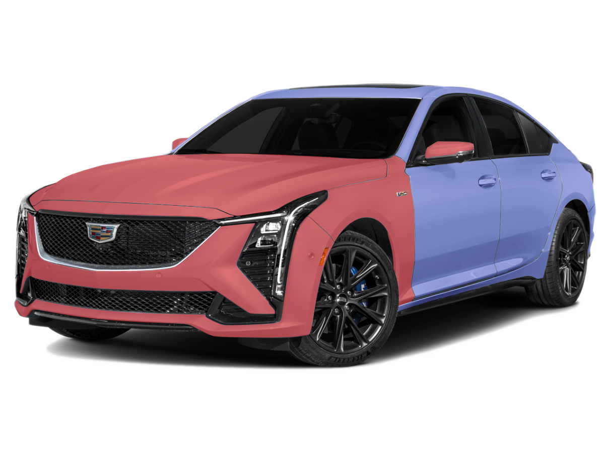 Pink and blue Cadillac sedan on a white background
