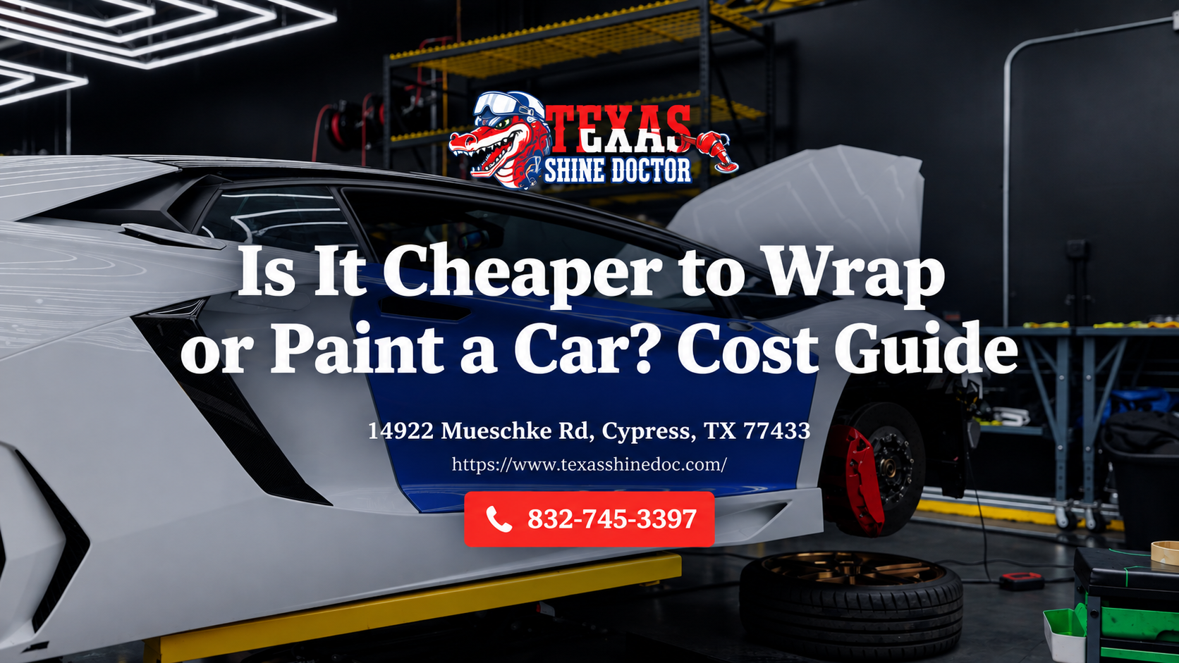 Car wrap shop ad: white sports car in garage with text “Is it cheaper to wrap or paint a car? Cost Guide”