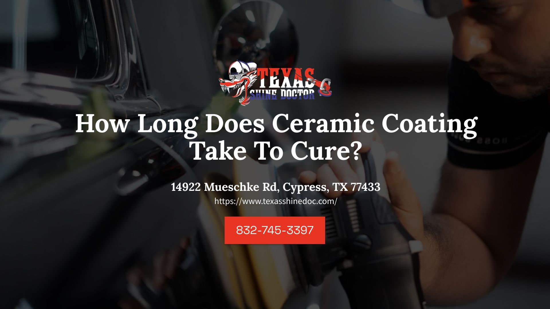 Ceramic coating service ad with hands polishing a car and text: