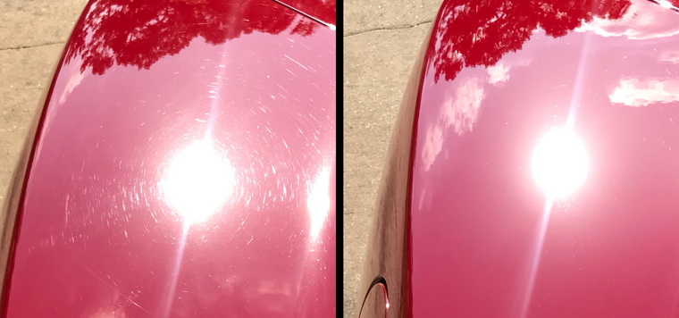 Close-up of a pink car hood with a bright glare and a red upper edge, split into two side-by-side views