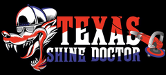 Texas Shine Doctor logo with red and white cartoon shark and bold red-and-white text on black background