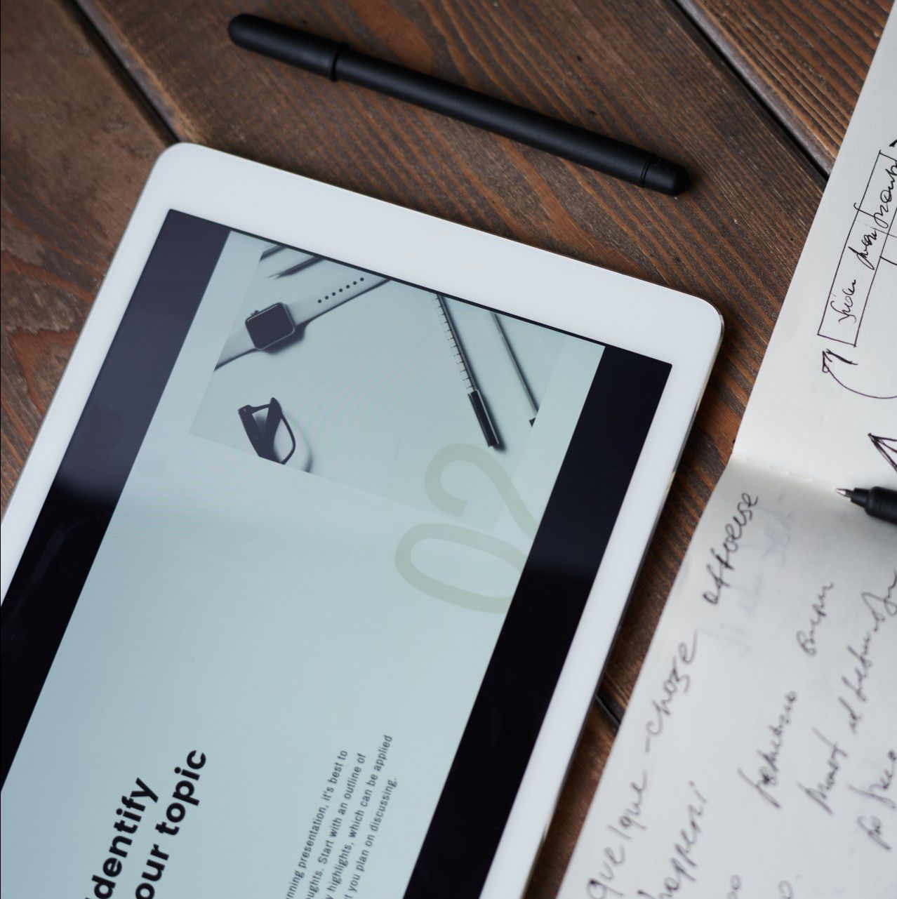 A tablet is open to a page that says identify your topic