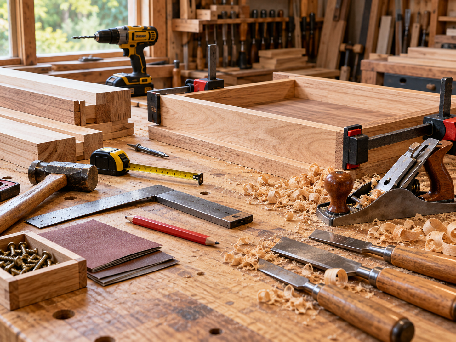 Woodworking bench with clamps, saws, drill, and lumber in a workshop
