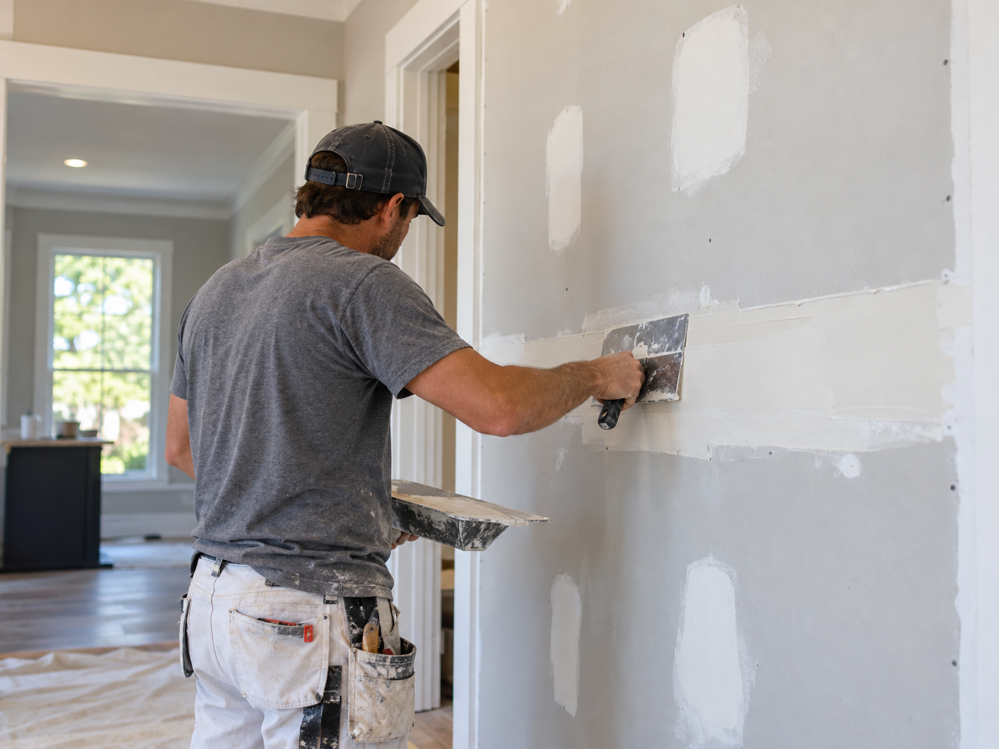 Person applying drywall compound to a wall during home renovation