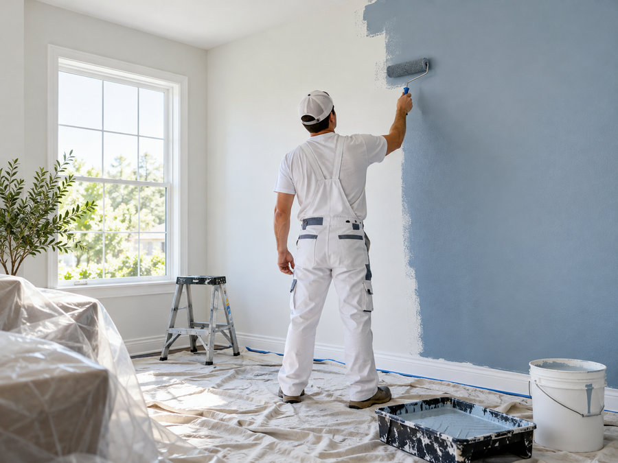 Painter rolling blue paint on a wall in a bright room with drop cloths and supplies