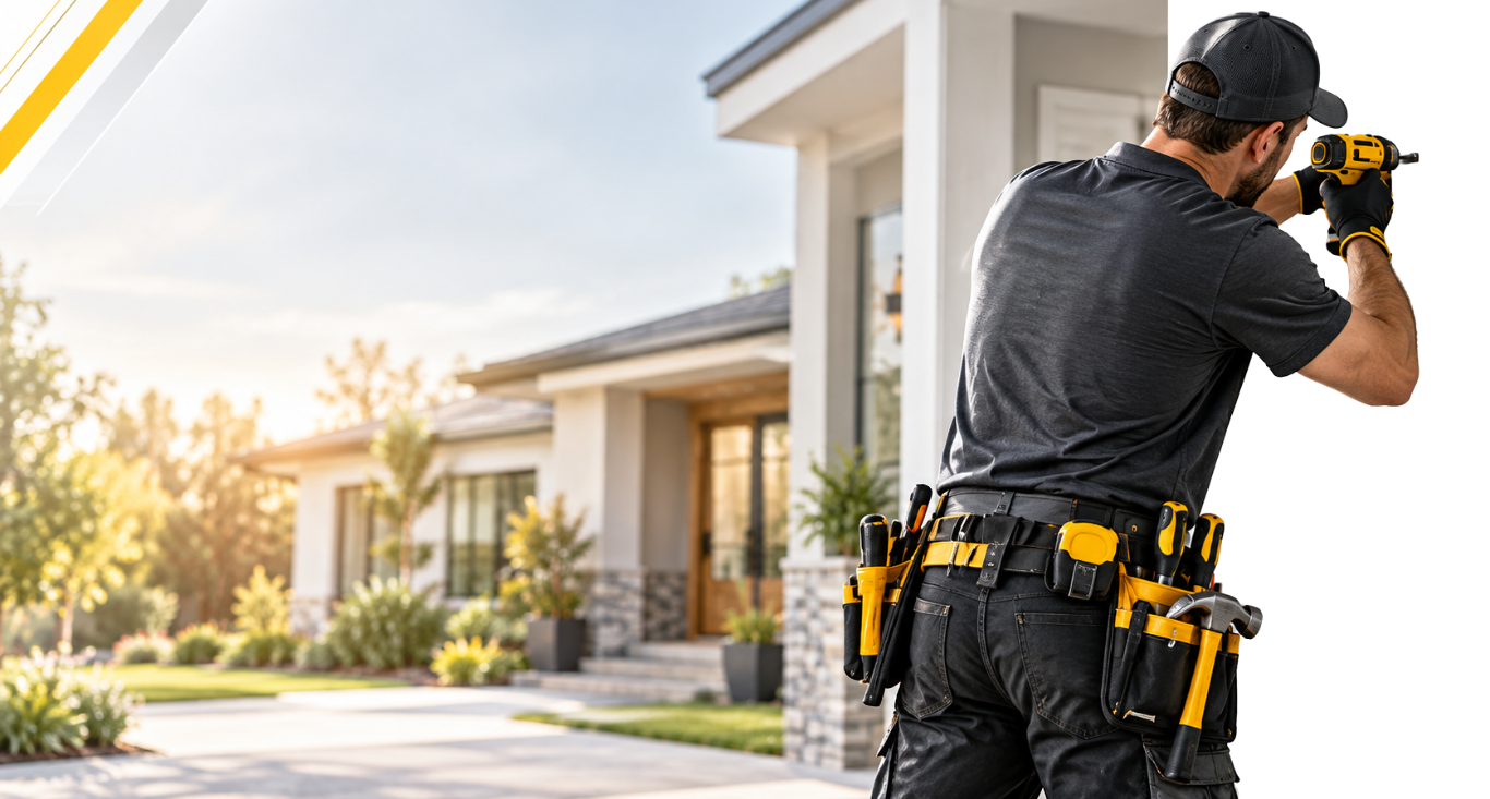 Technician using a drill outside a modern house, standing beside the front entrance at sunset