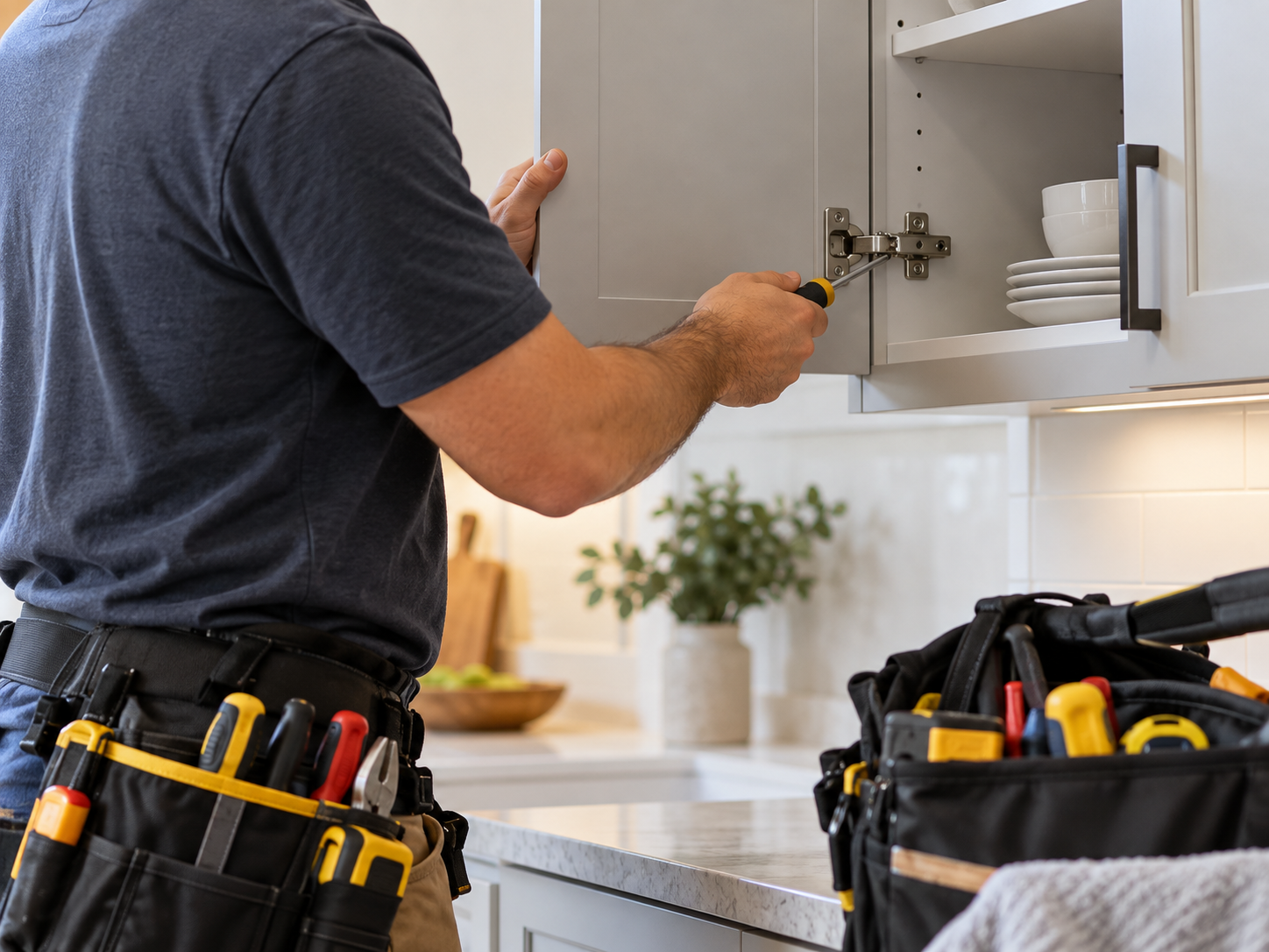 Person using a screwdriver to adjust a kitchen cabinet, with tool belts in the foreground.