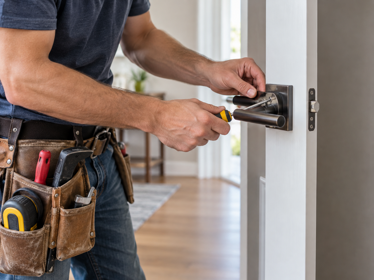 Handyman installing a door handle with a screwdriver in a bright room