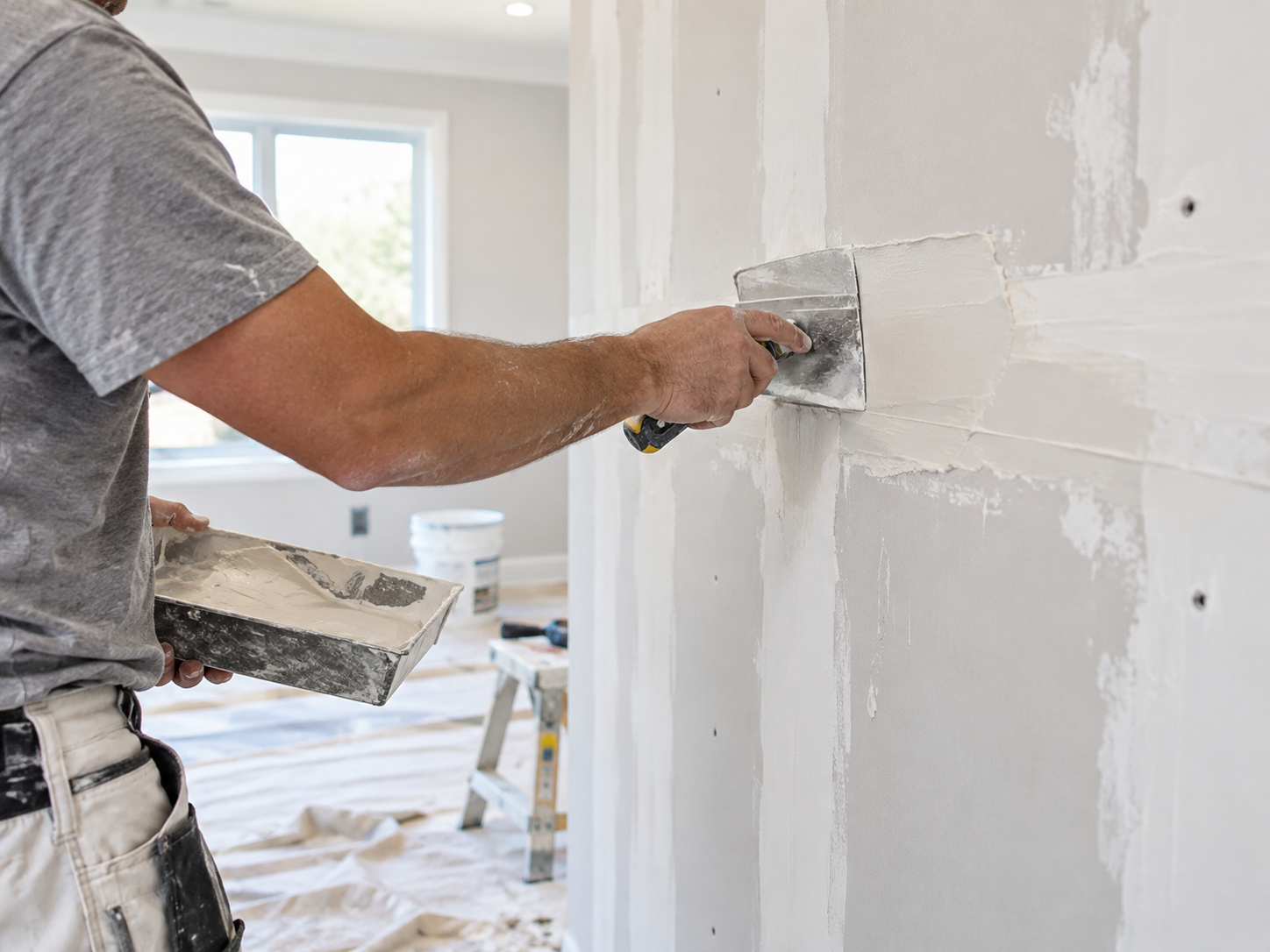 Person applying joint compound to a white drywall wall with a putty knife during interior renovation