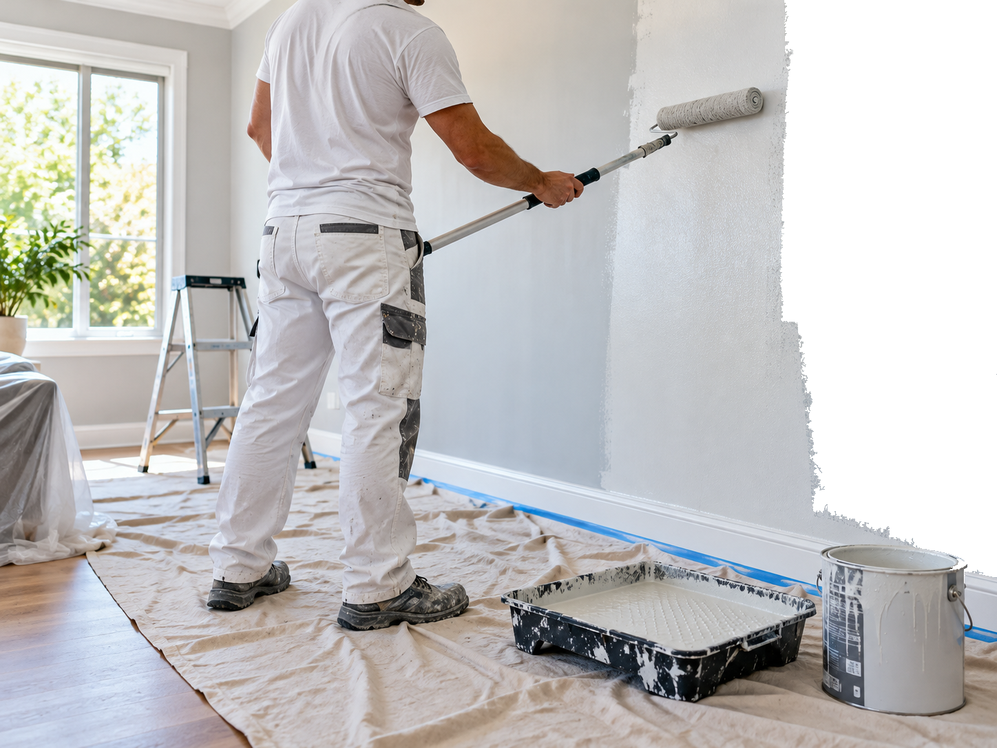 Painter rolling white paint on an interior wall with a long-handled roller, drop cloths and paint tray on the floor