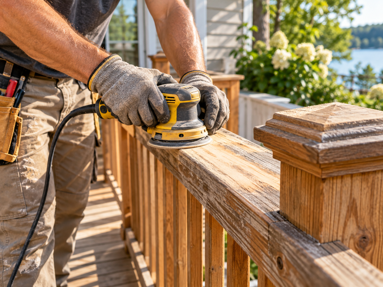Person sanding a wooden deck railing with a yellow power sander outdoors